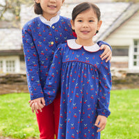 Little English traditional children's clothing. Blue quilted jacket with cherry print for girls for Fall