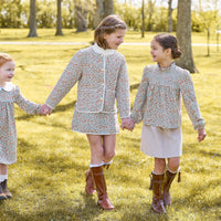 little english classic children's clothing, girls coordinating fall outfits in orange, blue and green james floral print