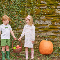 Little English traditional clothing, peter pan short set with green piping and shorts, truck with pumpkin applique on chest