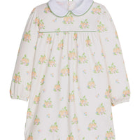 Little English traditional children's clothing. Long sleeve pumpkin floral print cotton knit dress with white peter pan collar and green piping detail for little girls.