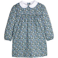 Little English traditional children's clothing. Long sleeve blue and green Winslow Floral cotton knit dress with white peter pan collar and blue piping detail for little girls.