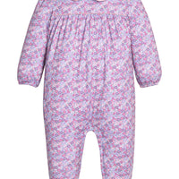 Little English traditional children's clothing. Long sleeve pink, blue, and lavender Ashbrook Floral cotton knit romper with white peter pan collar and pink piping detail for baby girls.