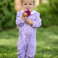 Little English traditional children's clothing. Long sleeve pink, blue, and lavender Ashbrook Floral cotton knit romper with white peter pan collar and pink piping detail for baby girls.