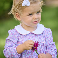 Little English traditional children's clothing. Long sleeve pink, blue, and lavender Ashbrook Floral cotton knit romper with white peter pan collar and pink piping detail for baby girls.