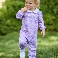 Little English traditional children's clothing. Long sleeve pink, blue, and lavender Ashbrook Floral cotton knit romper with white peter pan collar and pink piping detail for baby girls.
