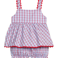 Little English traditional children's clothing. Patriotic red and blue plaid two-piece set for baby girls. Tank top with red ricrac trim and matching ruffled bloomers. 4th of July outfit for baby girls