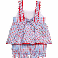 Little English traditional children's clothing. Patriotic red and blue plaid two-piece set for baby girls. Tank top with red ricrac trim and matching ruffled bloomers. 4th of July outfit for baby girls
