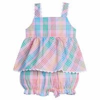 Little English traditional children's clothing. Girls multicolored plaid set with ruffle bloomers and sleeveless top for Spring. Preppy outfit for little girls