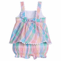 Little English traditional children's clothing. Girls multicolored plaid set with ruffle bloomers and sleeveless top for Spring. Preppy outfit for little girls