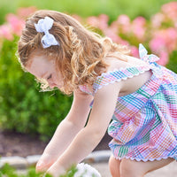 Little English traditional children's clothing. Girls multicolored plaid set with ruffle bloomers and sleeveless top for Spring. Preppy outfit for little girls