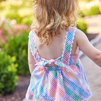 Little English traditional children's clothing. Girls multicolored plaid set with ruffle bloomers and sleeveless top for Spring. Preppy outfit for little girls