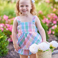 Little English traditional children's clothing. Girls multicolored plaid set with ruffle bloomers and sleeveless top for Spring. Preppy outfit for little girls
