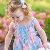 Little English traditional children's clothing. Girls multicolored plaid set with ruffle bloomers and sleeveless top for Spring. Preppy outfit for little girls