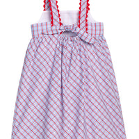 Little English traditional children's clothing. Patriotic red and blue plaid dress for little girls. Fourth of July outfit for little girls