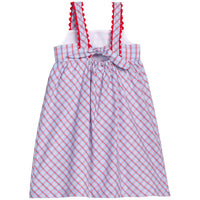 Little English traditional children's clothing. Patriotic red and blue plaid dress for little girls. Fourth of July outfit for little girls