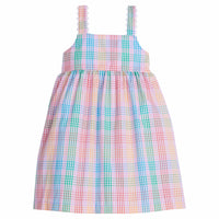 Little English traditional children's clothing. Girls multicolored plaid dress Spring. Preppy outfit for little girls