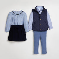 Blue floral and gingham coordinating outfits for kids for fall, Little English traditional childrens clothing
