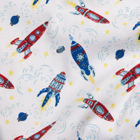 Little English classic children's clothing blue, red, and yellow all over rocket ship print