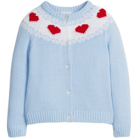 little english classic children's clothing light blue cardigan with red hearts along neck for girls