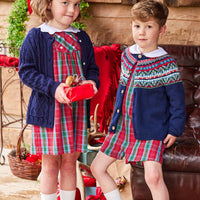 Little English traditional children's clothing, Highlands Fair Isle cardigan in navy with wooden buttons down the center, for little boy