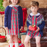 Little English traditional children's clothing, Highlands Fair Isle cardigan in navy with wooden buttons down the center, for little boy