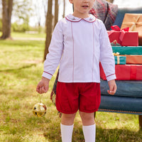 Little English classic toddler boys short set with feathered stitching on top and banded red shorts