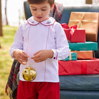 Little English classic toddler boys short set with feathered stitching on top and banded red shorts