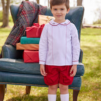 Little English classic toddler boys short set with feathered stitching on top and banded red shorts