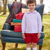 Little English classic toddler boys short set with feathered stitching on top and banded red shorts