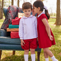 Little English classic toddler boys short set with feathered stitching on top and banded red shorts