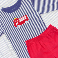 Little English long sleeve navy and white striped t-shirt with red fire truck applique paired with red corduroy pants for fall