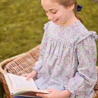 Little English classic floaty top in lavender gables floral and navy kick flare leggings, fall looks for girls