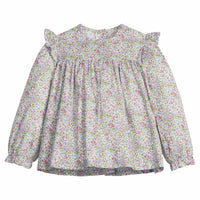 little english classic children's clothing girls lavender floral long sleeve top with ruffles at the shoulders for fall