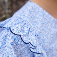 Little English traditional children's clothing, flutter blouse in blue vinings pattern with long sleeves for little girl