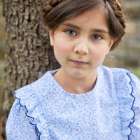 Little English traditional children's clothing, flutter blouse in blue vinings pattern with long sleeves for little girl