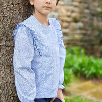 Little English traditional children's clothing, flutter blouse in blue vinings pattern with long sleeves for little girl