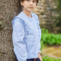 Little English traditional children's clothing, flutter blouse in blue vinings pattern with long sleeves for little girl