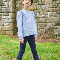 Little English traditional children's clothing, flutter blouse in blue vinings pattern with long sleeves for little girl