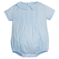 Little English traditional children's clothing. Baby boy's dressy blue bubble with Eaton collar for Spring