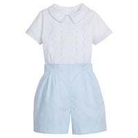 Little English traditional children's clothing. Toddler boy's dressy blue and white short set with white shirt and blue shorts for Spring. Special occasion outfit for little boys