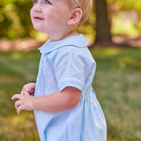 Little English traditional children's clothing. Baby boy's dressy blue bubble with Eaton collar for Spring