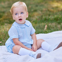 Little English traditional children's clothing. Baby boy's dressy blue bubble with Eaton collar for Spring