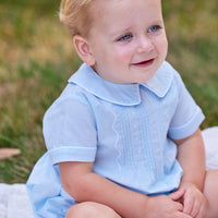 Little English traditional children's clothing. Baby boy's dressy blue bubble with Eaton collar for Spring