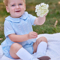 Little English traditional children's clothing. Baby boy's dressy blue bubble with Eaton collar for Spring