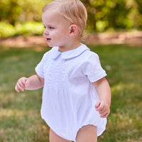 Little English traditional children's clothing. Baby boy's dressy white bubble with Eaton collar for Spring