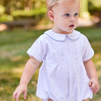 Little English traditional children's clothing. Baby boy's dressy white bubble with Eaton collar for Spring