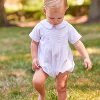 Little English traditional children's clothing. Baby boy's dressy white bubble with Eaton collar for Spring