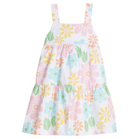 Little English traditional children's clothing. Girl's multicolored floral dress for spring. Girl's vintage print dress