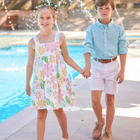 Little English classic children's clothing, girl's multicolored floral tank dress for spring, boy's aqua gingham button down shirt with white twill shorts