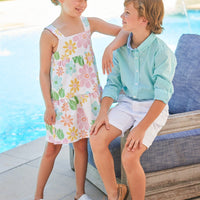 Little English classic children's clothing, girl's multicolored floral tank dress for spring, boy's aqua gingham button down shirt with white twill shorts